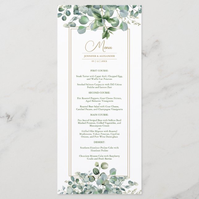 Eukalyptus Verlasse Gold Sage Green Wedding Menu Menükarte (Vorderseite)