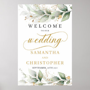 Eukalyptus verlasse goldenes Hochzeitswillkommensz Poster