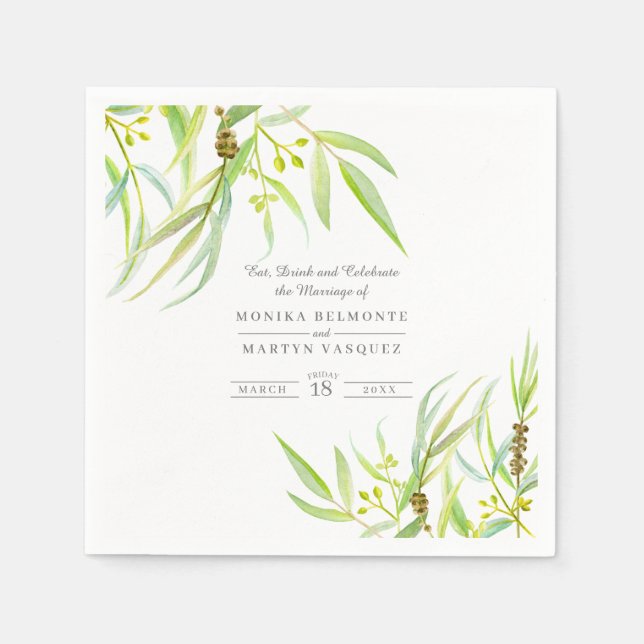 Eukalyptus verlasse Hochzeit mit grünem Aquarell Serviette (Vorderseite)