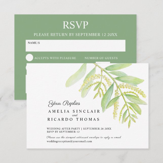 Eukalyptus verlasse Hochzeit mit grünem Wasser RSVP Karte (Vorne/Hinten)