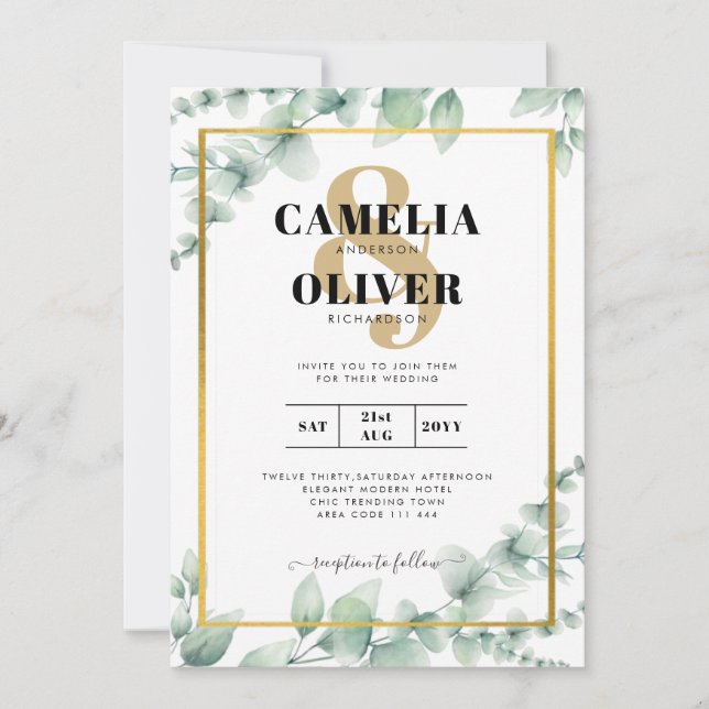 Eukalyptus Verlasse WEDDING Greenery GOLD QR CODE Einladung (Vorderseite)