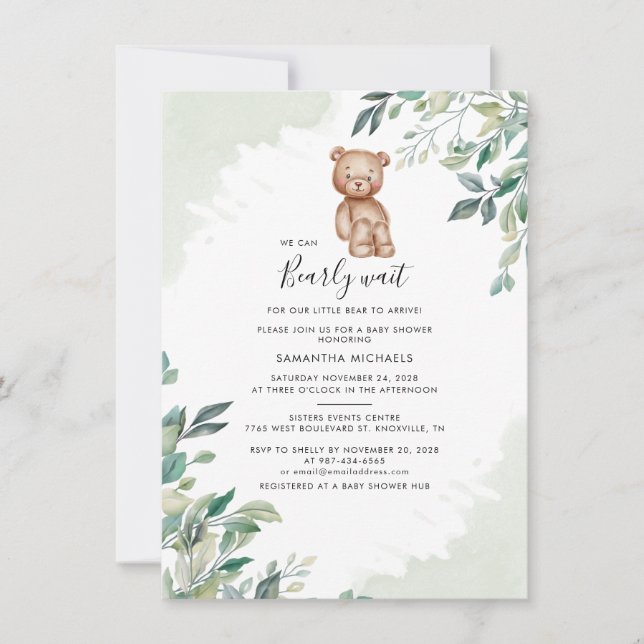 Eukalyptus Verlasse Woodland Bear Boys Babydusche Einladung (Vorderseite)