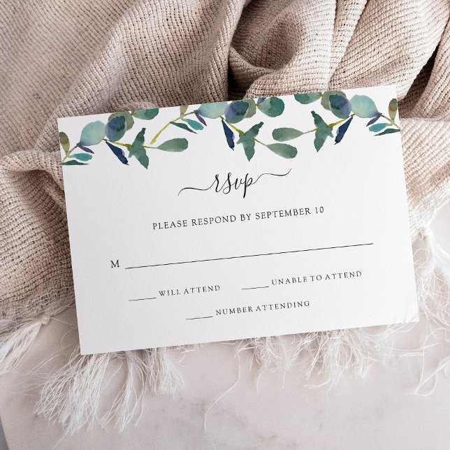 Eukalyptus-Wappen | Trendy Wedding RSVP Karte (An elegant wedding rsvp card decorated with watercolor eucalyptus leaves)