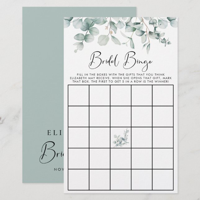 Eukalyptus Watercolor Bridal Bingo Duschgame (Vorne/Hinten)