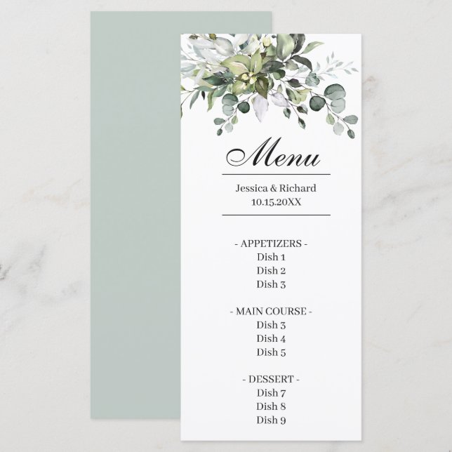 Eukalyptus Watercolor Dinner Menu Karte (Vorne/Hinten)