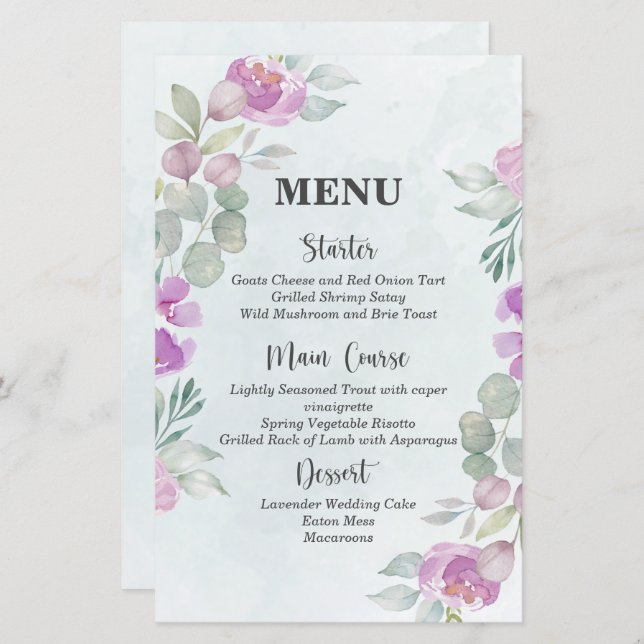 Eukalyptus Watercolor Dusty Blue Wedding Menu (Vorne/Hinten)