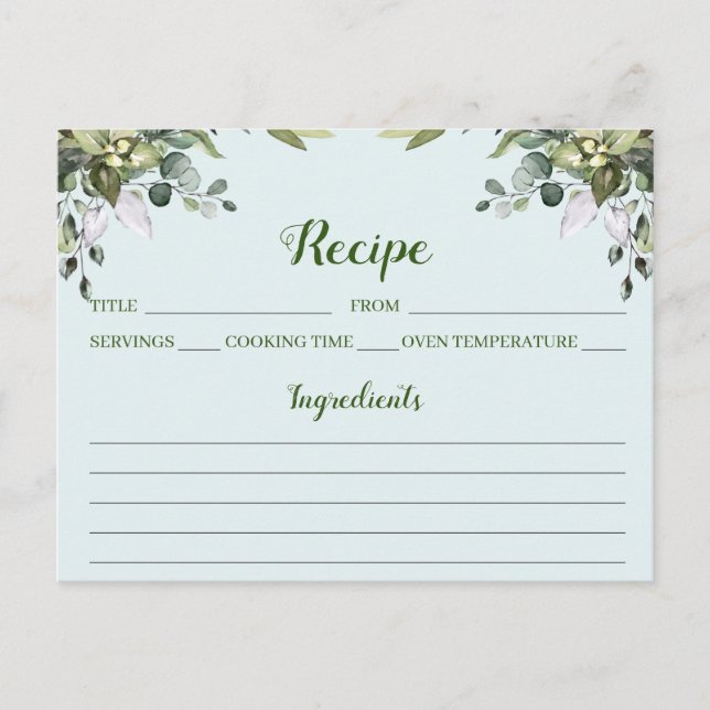 Eukalyptus Watercolor Floral Rezept Card Postkarte (Vorderseite)