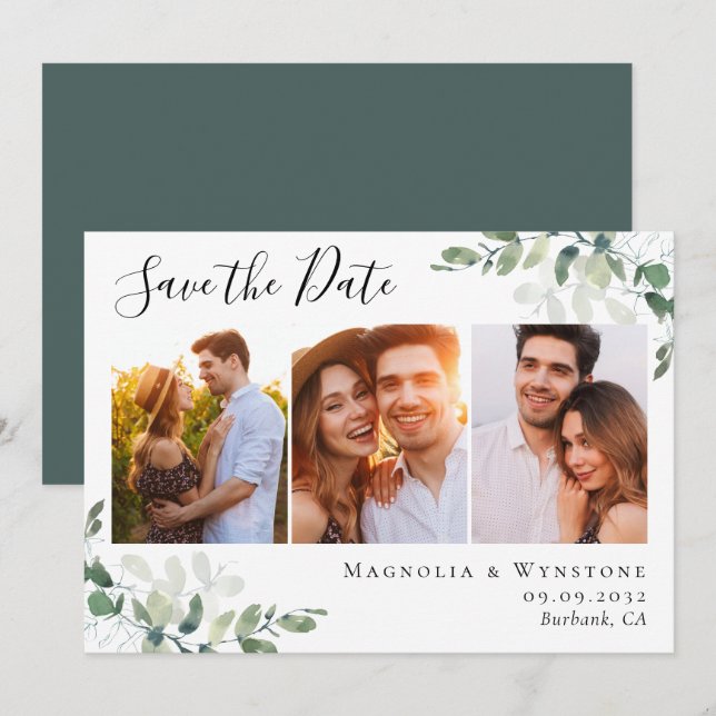 Eukalyptus Watercolor Foto Wedding Save The Date (Vorne/Hinten)