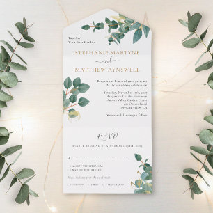 Eukalyptus Watercolor Gold-Blätter Hochzeit All In One Einladung