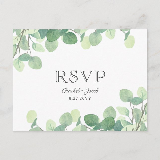Eukalyptus Watercolor Greenerenerity Wedding RSVP Postkarte (Vorderseite)