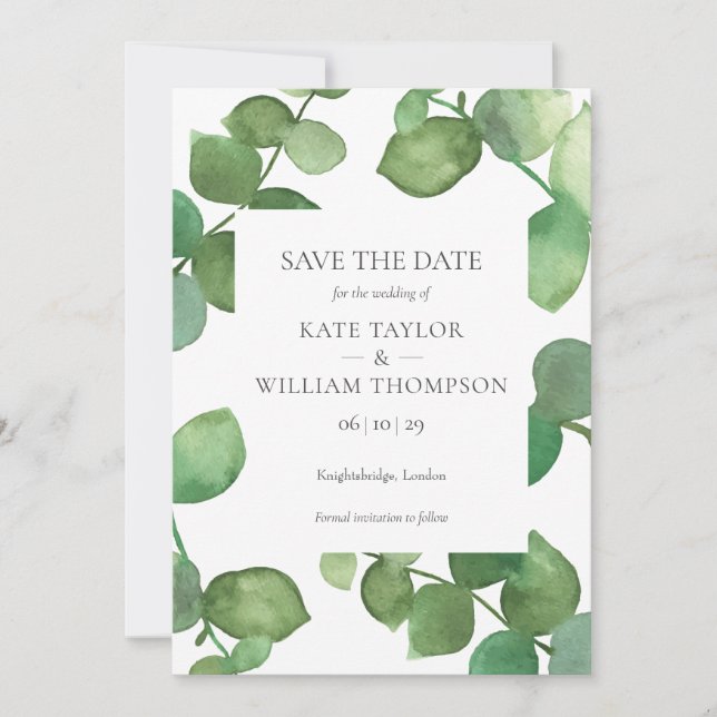 Eukalyptus Watercolor Greenerity Save the Date Car Karte (Vorderseite)