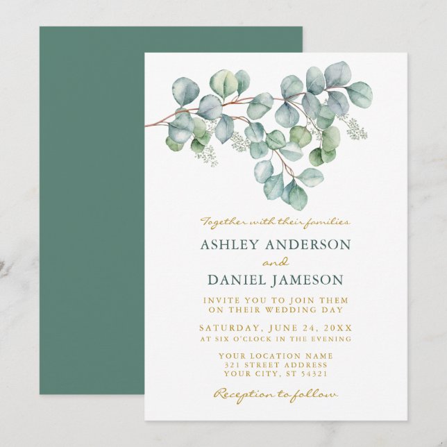 Eukalyptus Watercolor Greenerity Wedding Gold Einladung (Vorne/Hinten)