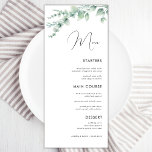 Eukalyptus-Watercolor-Hochzeit Menükarte<br><div class="desc">Dieses elegante Hochzeitsmenü mit individuellem Text,  Aquarell Eukalyptus und weißem Hintergrund macht Ihr Party zu einem ganz besonderen Erlebnis! Ändern Sie den Text einfach,  indem Sie auf die Option "Personalisieren Sie diese Vorlage" klicken.</div>