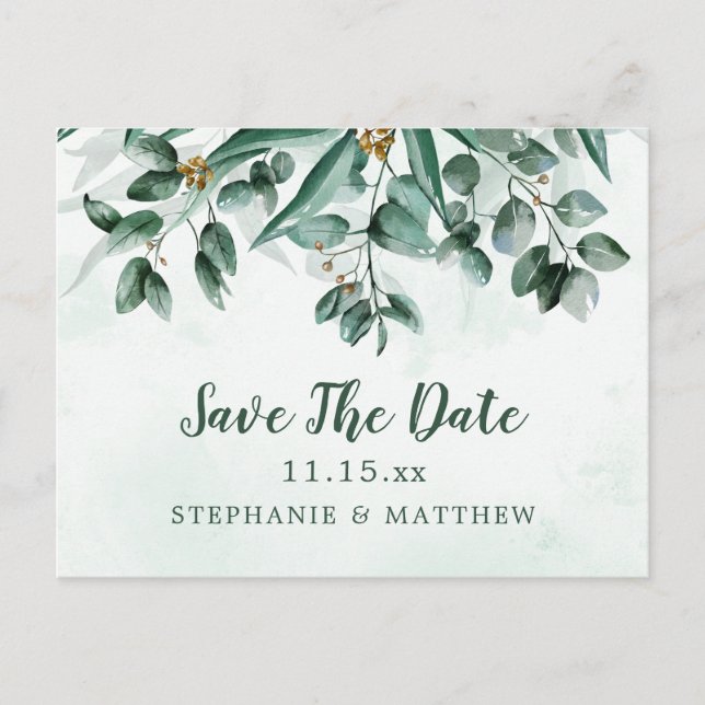 Eukalyptus Watercolor Wedding Save the Date Ankündigungspostkarte (Vorderseite)