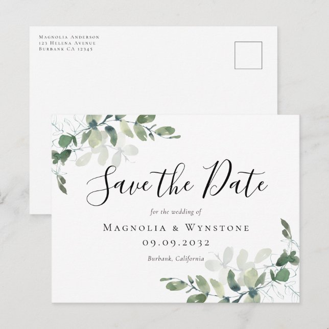 Eukalyptus Watercolor Wedding Save the Date Postkarte (Vorne/Hinten)