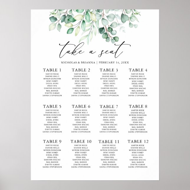 Eukalyptus Wedding 12 Table Seating Chart Poster (Vorne)