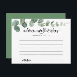 Eukalyptus Wedding Advice Card Postkarte<br><div class="desc">Diese grüne Eukalyptus-Hochzeitsratenkarte ist perfekt für eine moderne Hochzeit. Das Design bietet Aquarellfarben handgezeichnet elegante botanische Eukalyptuszweige und Blätter. Diese Karten sind ideal für Hochzeiten,  Brautparty,  Babydusche,  Graduiertenfest u.v.m. Personalisieren Sie die Karten mit den Namen der Braut und Bräutigam,  den Eltern,  die Sie werden oder Absolvent.</div>