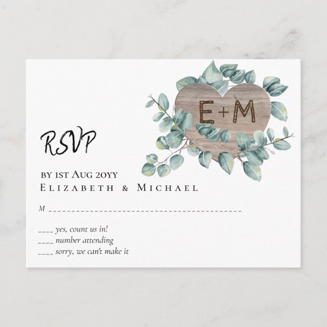 Eukalyptus Wedding - Aquarellengrössenmonogramm Postkarte (Vorderseite)