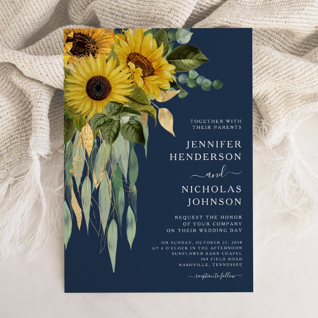 Eukalyptus Wedding Blue Floral Sunflower Einladung (Navy Blue Floral Sunflower Eucalyptus Wedding Invitation)