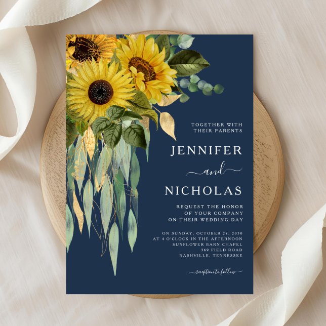 Eukalyptus Wedding Blue Floral Sunflower Einladung (Navy Blue Floral Sunflower Eucalyptus Wedding Invitation)