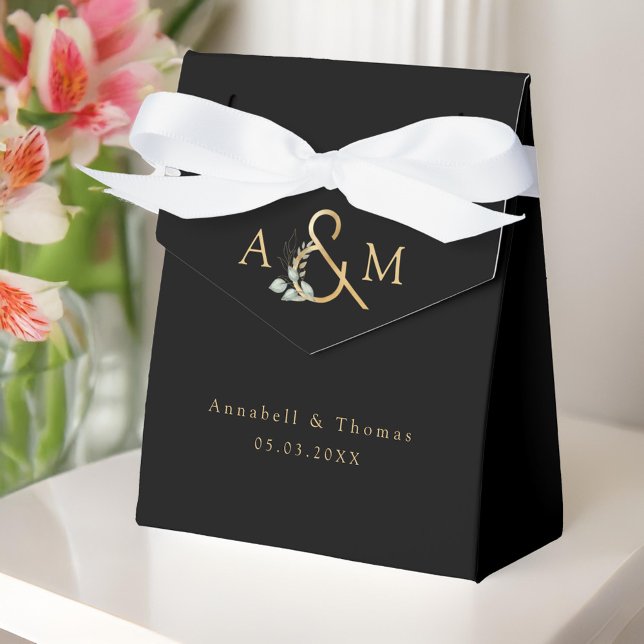 Eukalyptus Wedding Box Geschenkschachtel (Eucalyptus Wedding Favor Box. Black Gold with your monogram, name and date)