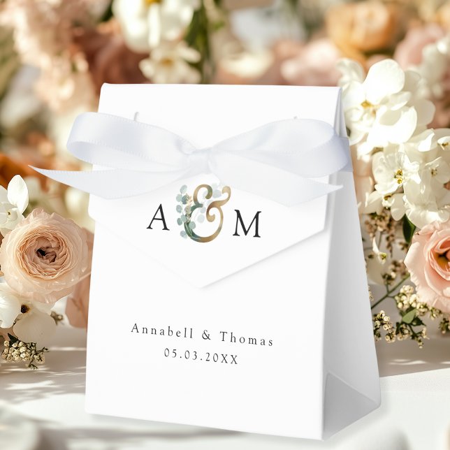 Eukalyptus Wedding Box Geschenkschachtel (Eucalyptus Wedding Favor Box, Monogram, Ampersand, Botanical, white, beige-gold, green, modern.)
