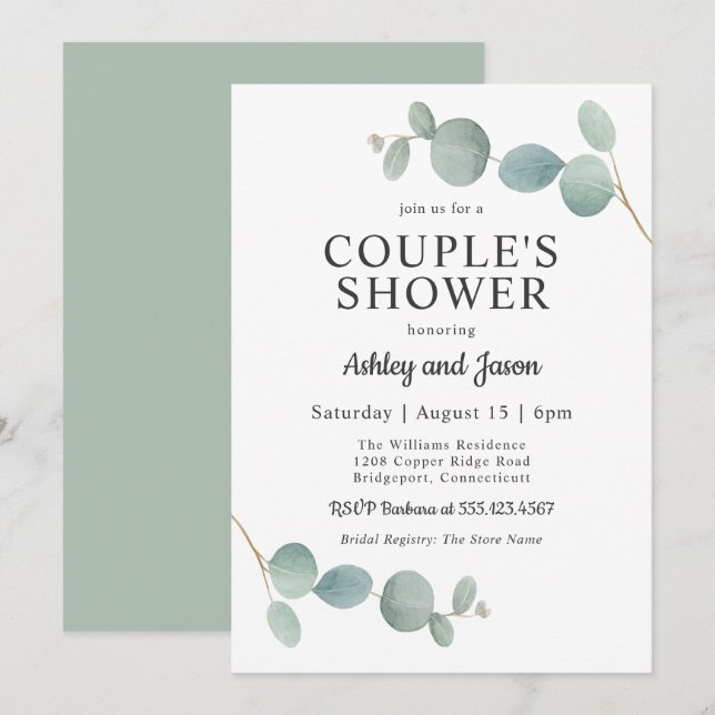 Eukalyptus Wedding Couple Dusche Einladung (Vorne/Hinten)