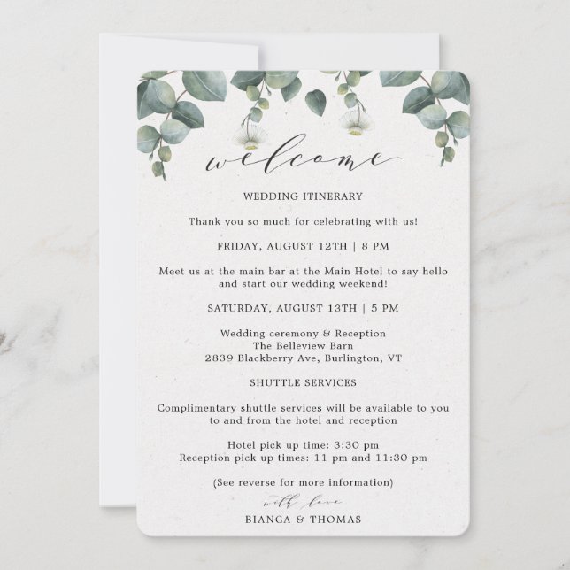 Eukalyptus Wedding Day Itinerary Ankündigung (Vorderseite)