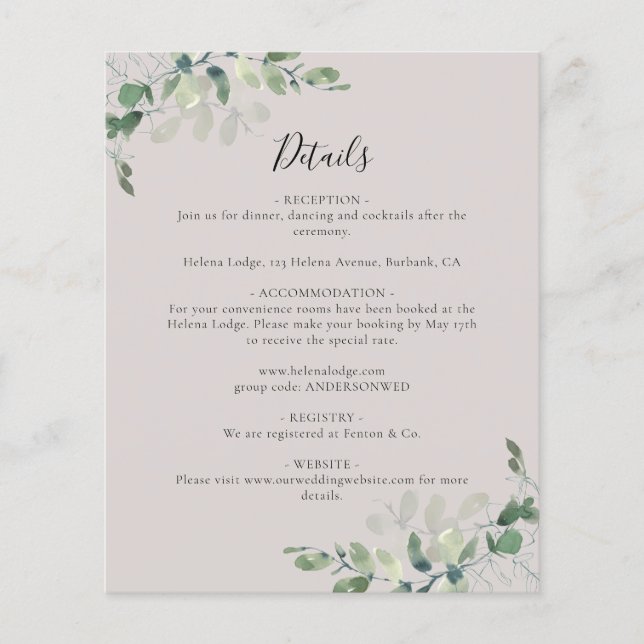 Eukalyptus Wedding Details Eintrittskarte (Vorderseite)