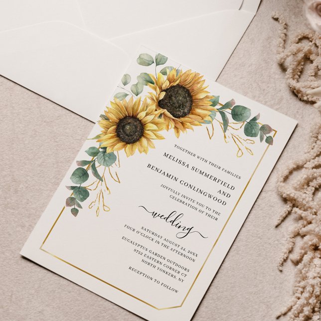 Eukalyptus Wedding Einladung (Sunflower Floral Eucalyptus Wedding Script Watercolor Invitation)