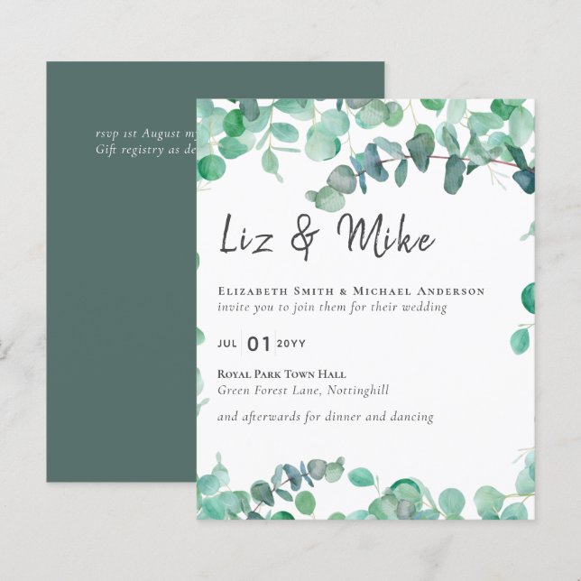 Eukalyptus Wedding Einladung Budget Grüne Leaf (Vorne/Hinten)