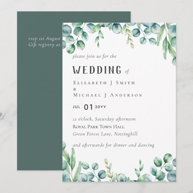 Eukalyptus Wedding Einladung Budget Grüne Leaf (Vorne/Hinten)