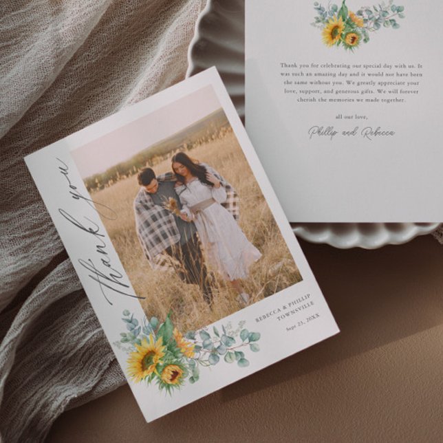 Eukalyptus Wedding Foto Dankeskarte (Elegant rustic sunflower eucalyptus script wedding photo thank you cards.)