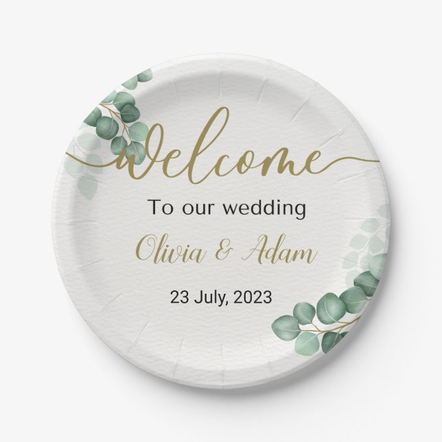 Eukalyptus Wedding Green Watercolor Begrüßungszeic Pappteller (Vorderseite)