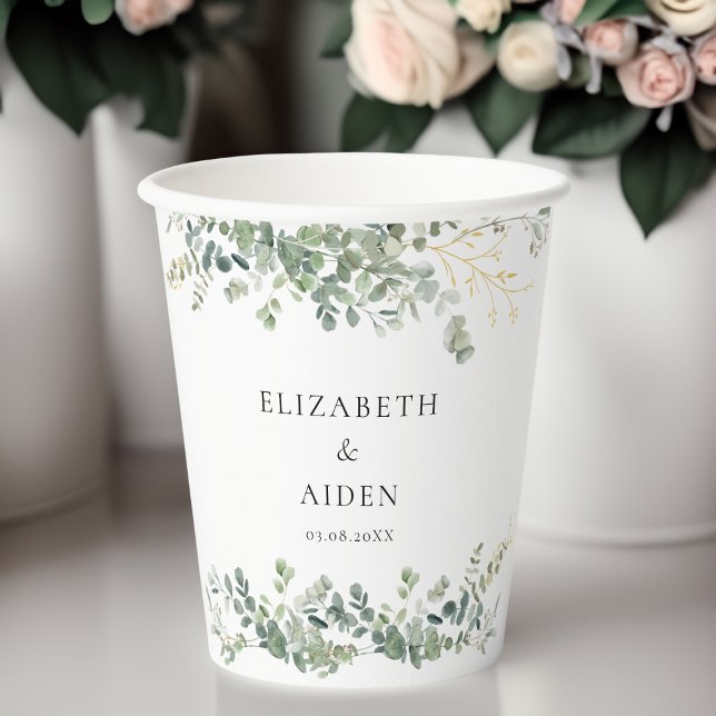 Eukalyptus Wedding Handwriting Script Wedding Pappbecher (Eucalyptus Wedding Handwriting Script Wedding Paper Cups with your names and date.)
