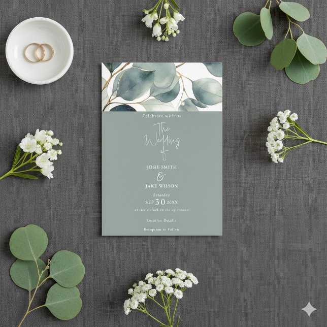 Eukalyptus Wedding Invitation Einladung (Watercolor green Eucalyptus Wedding Invitation. Botanical leafy top border.)