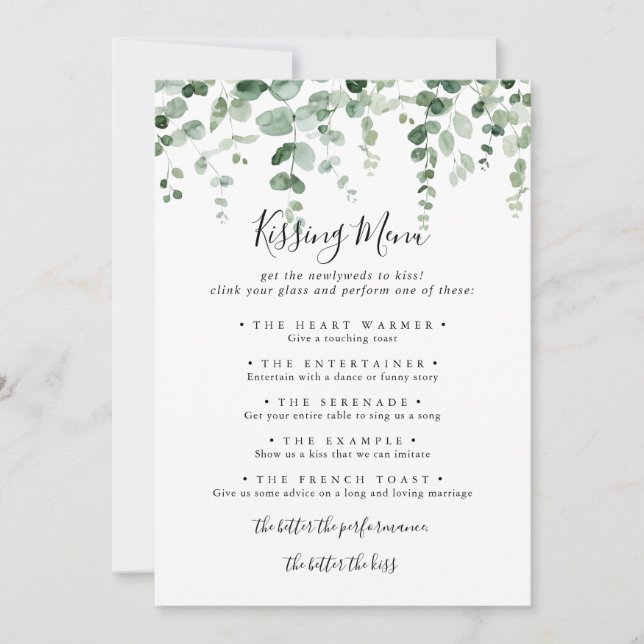 Eukalyptus Wedding Kissing Menu Game Card (Vorderseite)