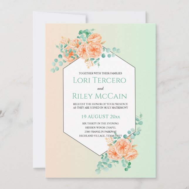Eukalyptus Wedding Peach Green Wassercolor Einladung (Vorderseite)