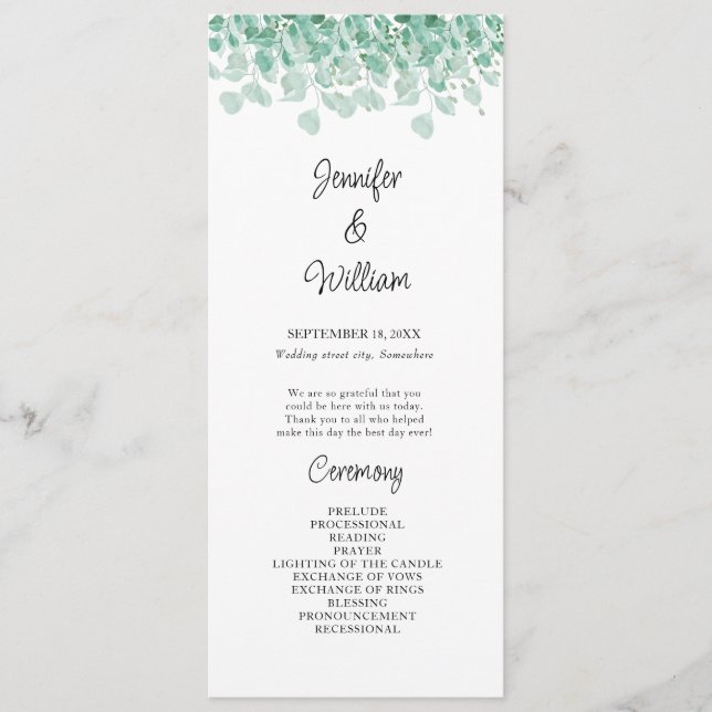 Eukalyptus Wedding Program für elegante Blumengrün Programm (Vorderseite)