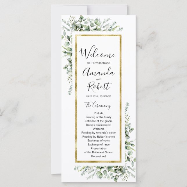 Eukalyptus Wedding Program Gold Greenery (Vorderseite)