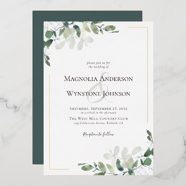 Eukalyptus Wedding Real Gold Folieneinladung (Vorderseite/Rückseite)