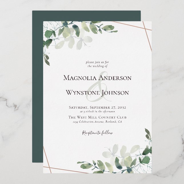 Eukalyptus Wedding Real Rose Gold Folieneinladung (Vorderseite/Rückseite)