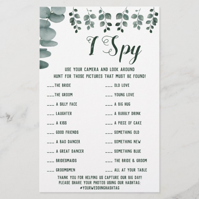 Eukalyptus Wedding Reception I Spy Game Card Flyer (Vorne)