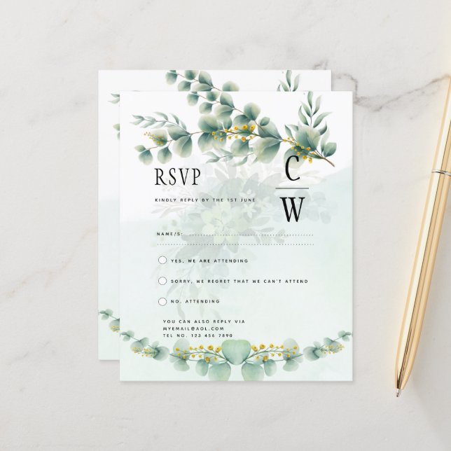 Eukalyptus Wedding RSVP Qr Code Moderne Grünpflanz (Vorderseite/Rückseite Beispiel)
