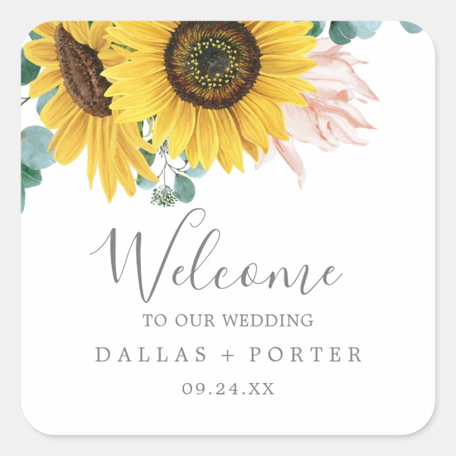 Eukalyptus Wedding Rustic Sunflower Quadratischer Aufkleber (Vorderseite)