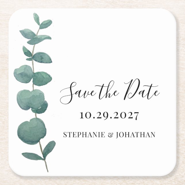 Eukalyptus Wedding Save the Date Rechteckiger Pappuntersetzer (Vorderseite)