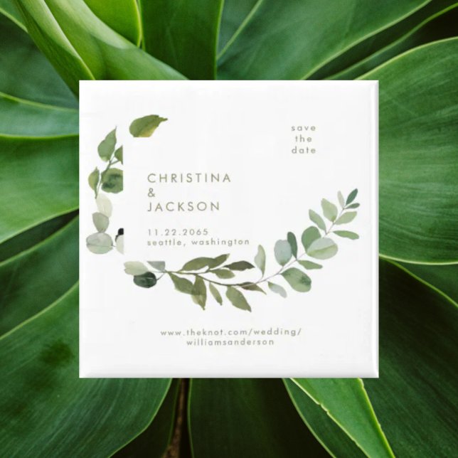 Eukalyptus Wedding Square Save the Date Gold Text Magnet (Von Creator hochgeladen)