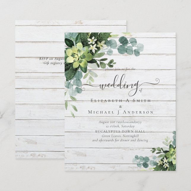 Eukalyptus Wedding Watercolor Grüne Einladungen (Vorne/Hinten)