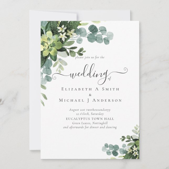 Eukalyptus Wedding Watercolor Grüne Einladungen (Vorderseite)