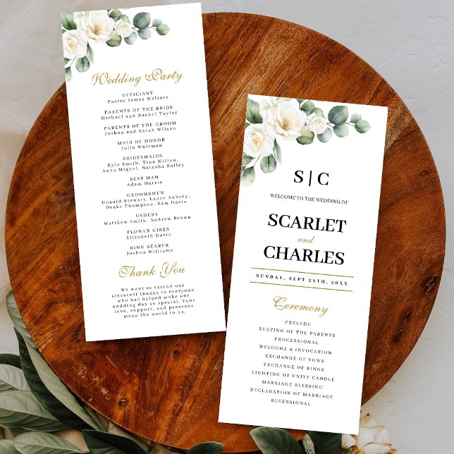 Eukalyptus Weiße Rose Grünzeug Florale Hochzeit Programm (Eucalyptus white rose wedding program guides guests with timeless botanical elegance.)